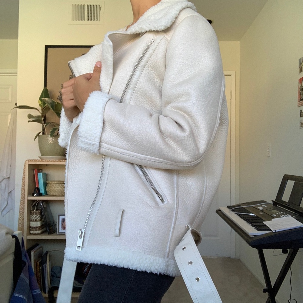 ZARA White faux leather shearling moto jacket S